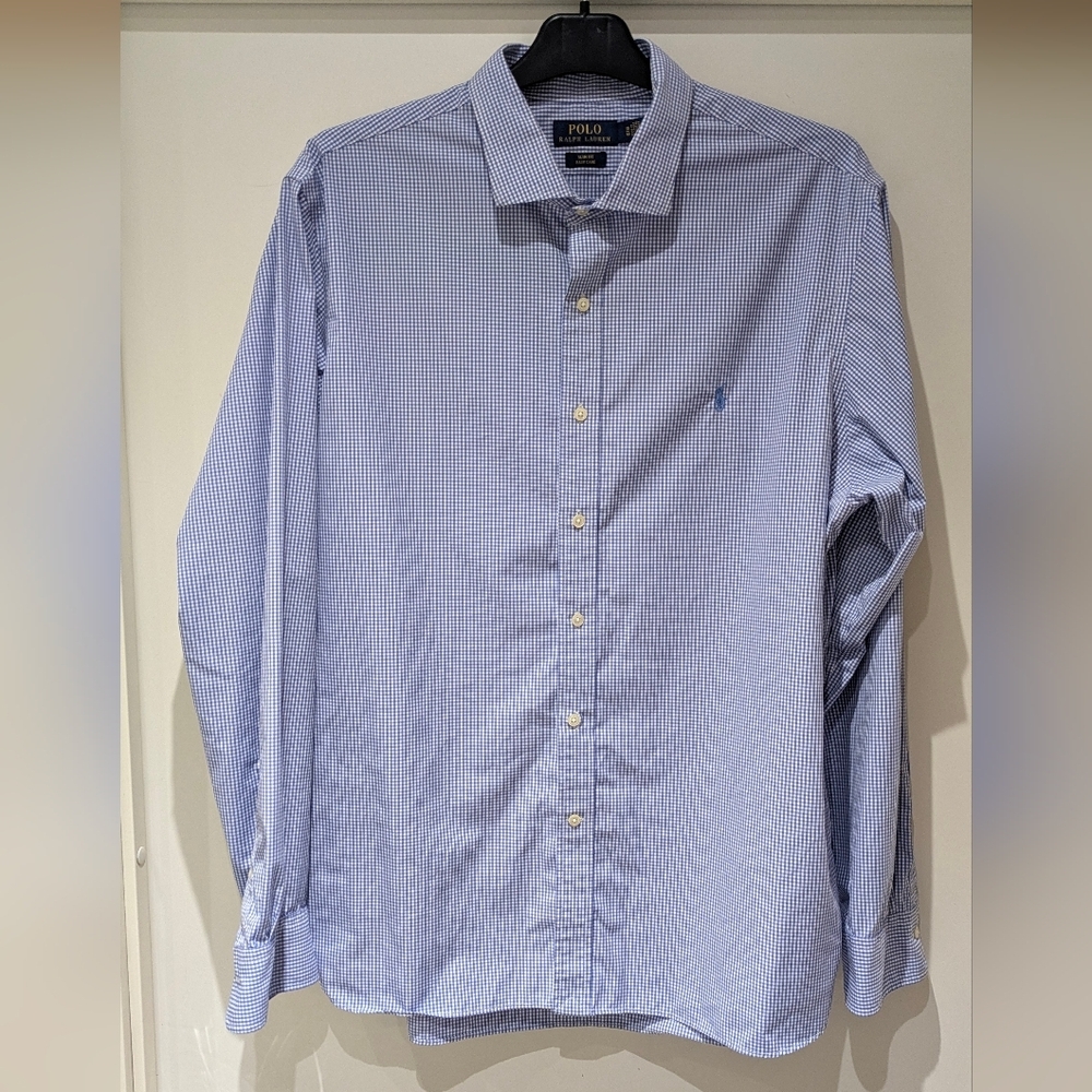 Ralph Lauren Men's Slim Fit Button Down Dress Shirt, Sz 18 (46), Blue And White
